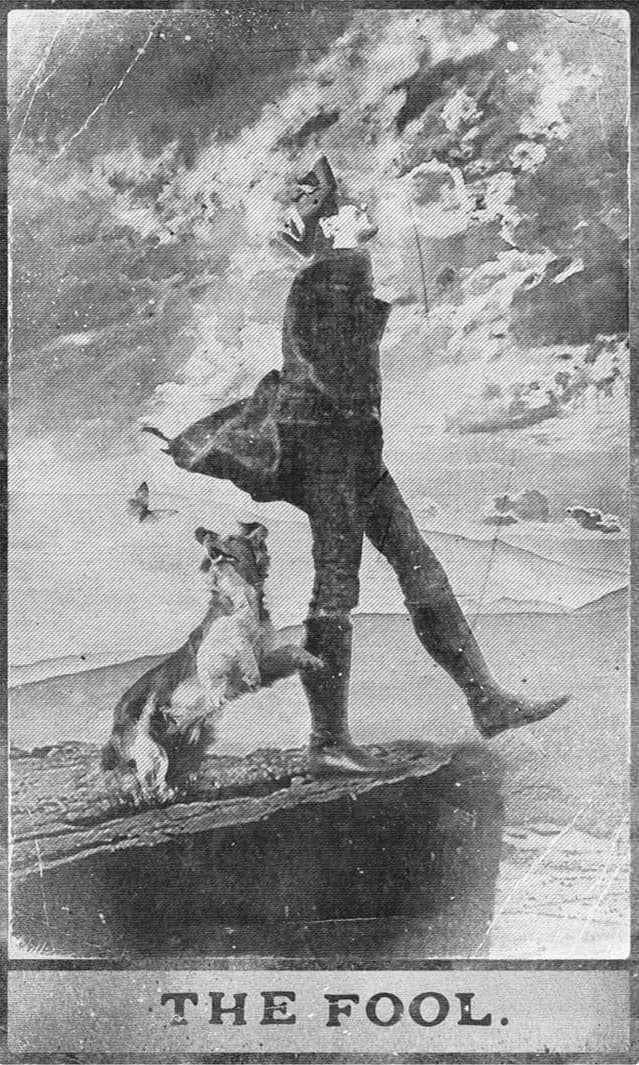 A carta O Louco, do tarô, em preto e branco gasto: uma figura de capa caminha para a beira de um penhasco com um cachorro saltando aos seus pés, sob um céu carregado. Ao pé da carta, as palavras THE FOOL.